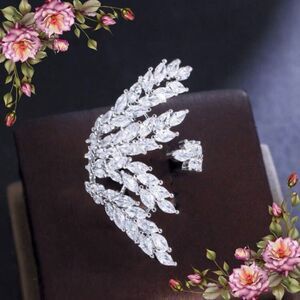 Leaf Shaped Cuff Ring With Shiny Cubic Zirconia Stones